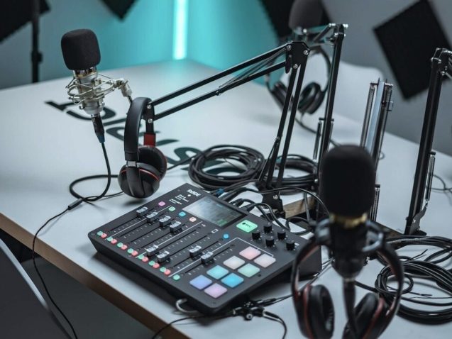 photo shows audio mixer and microphones
